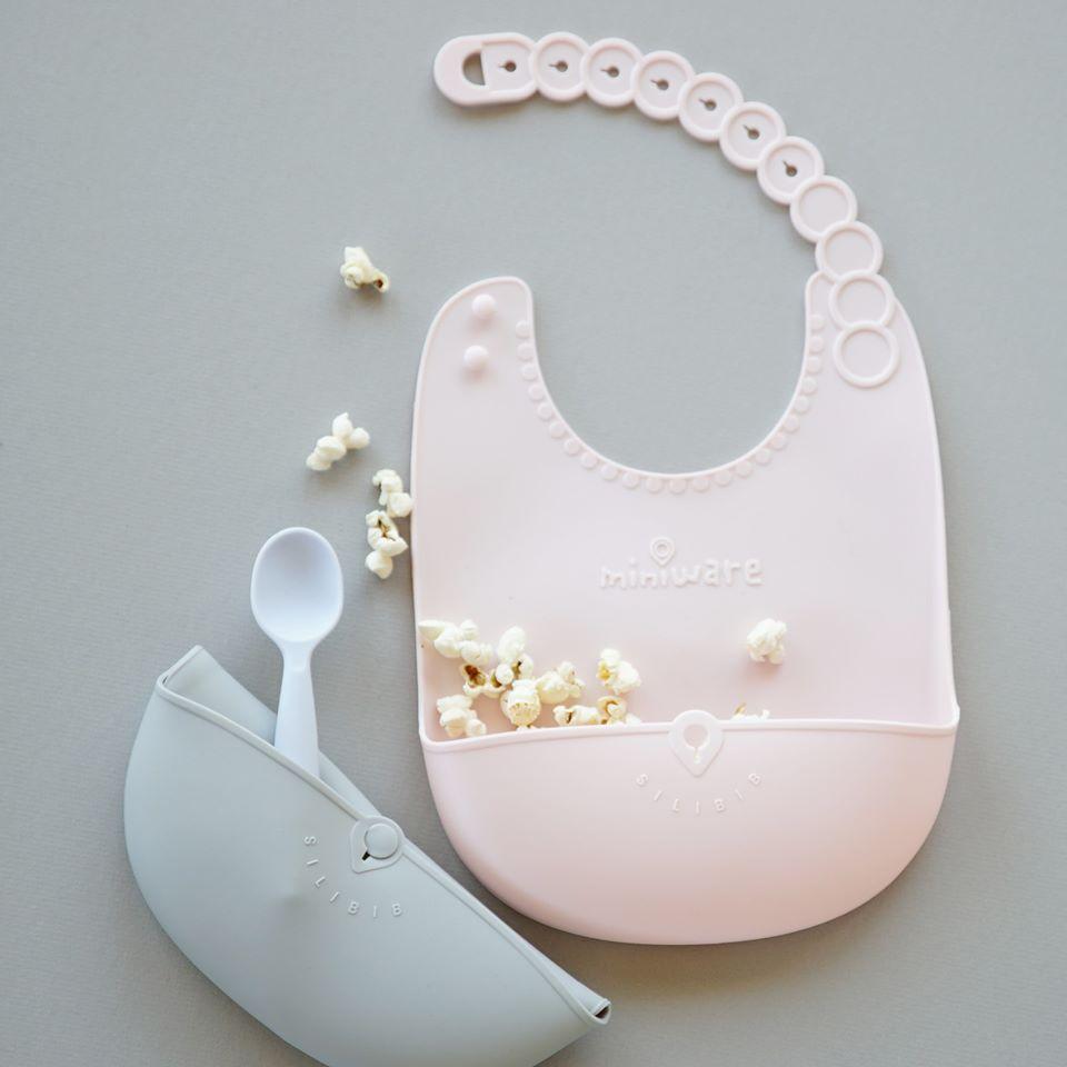 Miniware Roll & Lock bib (Set of 2) - Silicone Bib in Aqua + Grey