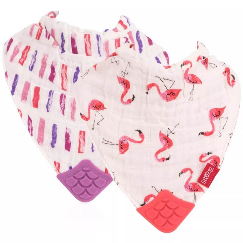 nuby-2pk-muslin-bandana-bibs-with-teether-flamingo-road-&amp;-brush-strokes-1